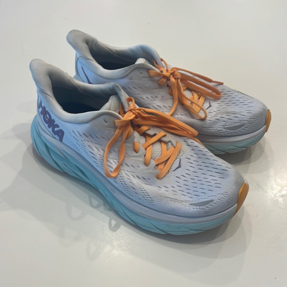 Women’s Hoka Clifton 8 Shoes. Size 7.5 White/Blue/Orange